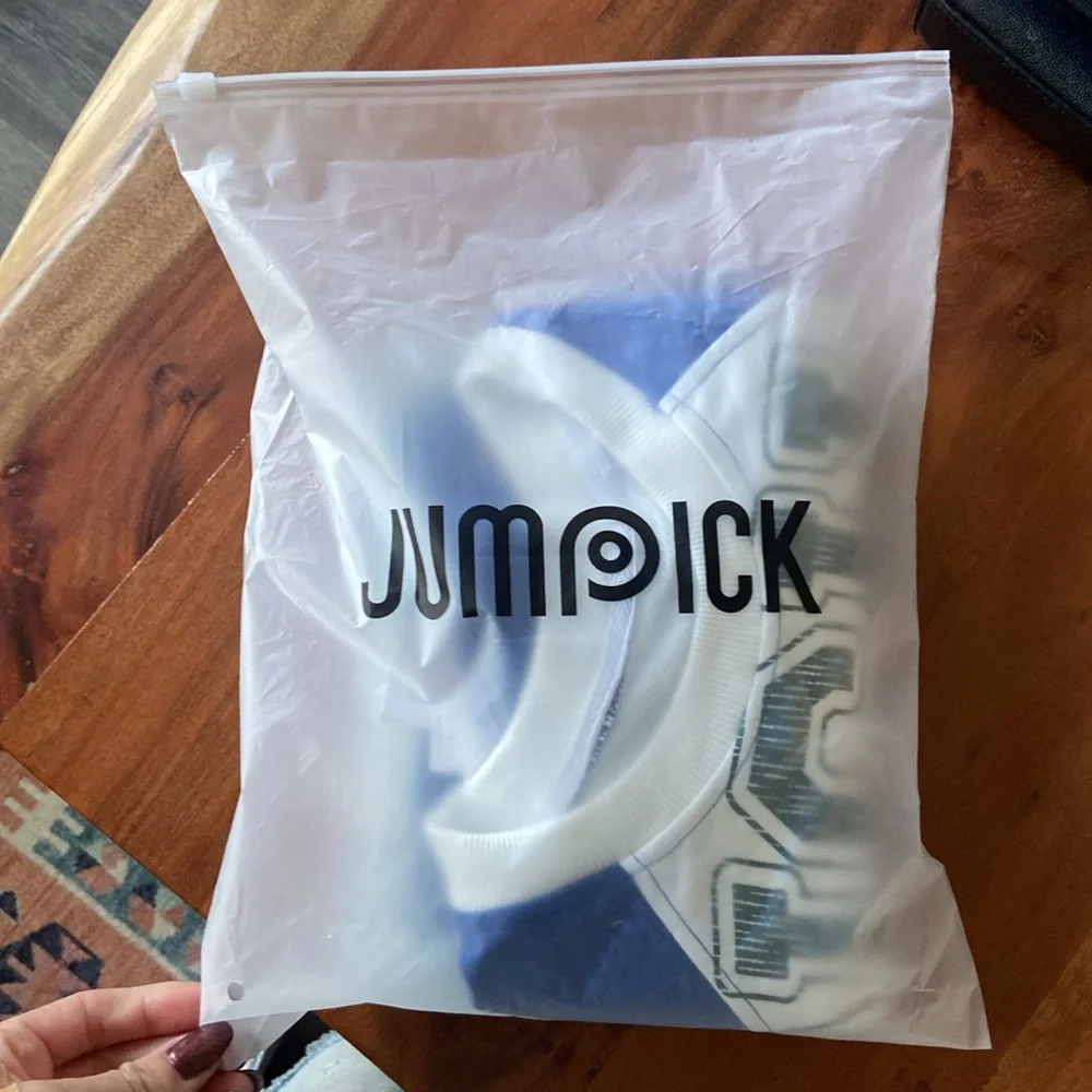 pieced sweatshirt top trendy mixed media long sleeve embroidered blue white M - Picture 16 of 16